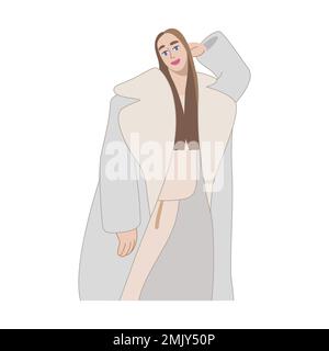 Mädchen-Model, das sich flach an die Wand lehnt, zum Aufdrucken und Dekorieren. Vektordarstellung. Stock Vektor