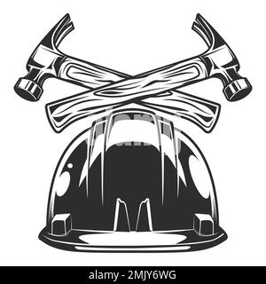 Bauhelm mit Hammer, Business aus Neubau und Umbauhaus in klassischer, einfarbiger Illustration Stock Vektor