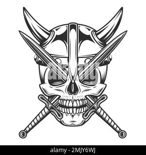 Wikinger-Emblem im Vintage-Stil mit Schädel, ernsthaftem nordischen Krieger im Hornhelm und isolierter Vektordarstellung im Kampfschwert Stock Vektor