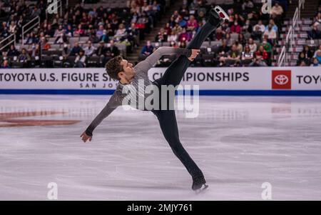 San Jose, USA. 27. Januar 2023. Jason Brown belegte am 27. Januar 2023 bei der Toyota US Figure Skating Championship 2023 in San Jose, Kalifornien, mit 100,25 Punkten den zweiten Platz im Kurzprogramm für Männer (Foto von Jeff Wong/Sipa USA). Kredit: SIPA USA/Alamy Live News Stockfoto