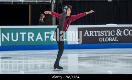 San Jose, USA. 27. Januar 2023. Tomoki Hiwatashi belegte am 27. Januar 2023 bei der Toyota US Figure Skating Championship 2023 in San Jose, Kalifornien, mit 85,43 Punkten den dritten Platz im Kurzprogramm für Männer (Foto von Jeff Wong/Sipa USA). Kredit: SIPA USA/Alamy Live News Stockfoto