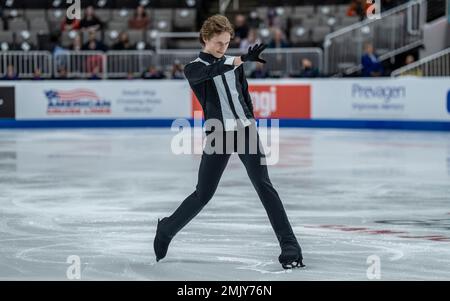 San Jose, USA. 27. Januar 2023. Ilia Malinin belegte am 27. Januar 2023 bei der Toyota US Figure Skating Championship 2023 in San Jose, Kalifornien, mit einem Ergebnis von 110,36 im Kurzprogramm für Männer den ersten Platz (Foto von Jeff Wong/Sipa USA). Kredit: SIPA USA/Alamy Live News Stockfoto