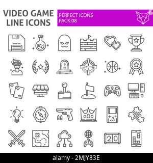 Symbolsatz für Videospiellinien, Sammlung von Spielsymbolen, Vektorskizzen, Logo-Abbildungen, Player-Zeichen lineares Piktogramm-Paket isoliert auf weißem Hintergrund, eps 10. Stock Vektor