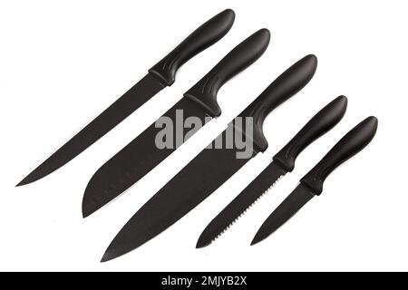 Küchenset Messer schwarz isoliert vor weißem Hintergrund Stockfoto