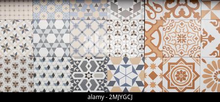 Vintage-Blumenhintergrund in keramischem geometrischem Patchwork-Tapetenmuster Stockfoto