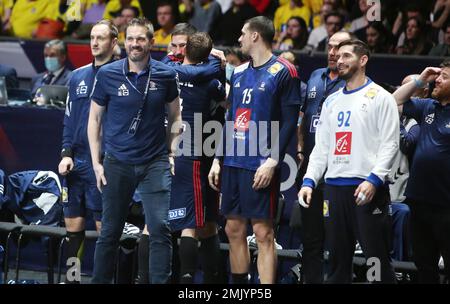 Coach Guillaume Gille von Frankreich feiert am 27. Januar 2023 bei der IHF Männer-Weltmeisterschaft 2023 Vollzeit das Halbfinale-Handballspiel zwischen Frankreich und Schweden in der Tele2 Arena in Stockholm, Schweden - Photo Laurent Lairys / DPPI Stockfoto