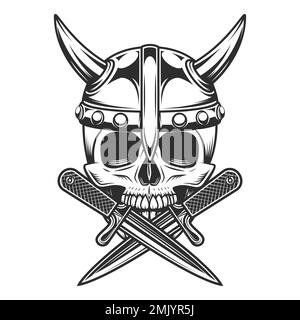 Vintage-Emblem der Wikinger mit einem Schädel, einem mittelalterlichen skandinavischen Krieger in einem Hornhelm und einer isolierten Vektordarstellung mit Kampfmesser Stock Vektor