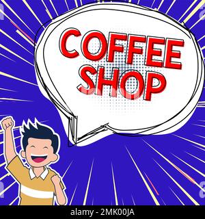 Schriftzug mit Text Coffee Shop. Kleines Fotorestaurant mit ungezwungener Atmosphäre, in dem Kaffee und leichte Erfrischungen serviert werden Stockfoto