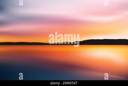 Wunderschöner Sonnenuntergang über dem See mit Reflexion im Wasser. Hintergrund des natürlichen Netzverlaufs. Stock Vektor