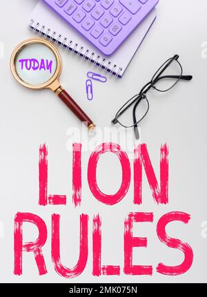 Schreiben mit Text Lion Rules. Geschäftsüberblick Inbegriff von Stärke und Männlichkeit Meister des eigenen Fachgebiets Stockfoto