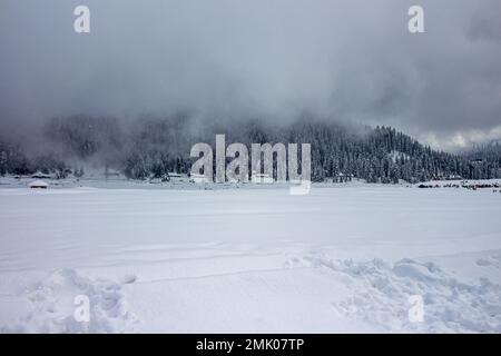 Wunderschöner Blick auf Gulmarg während der Wintersaison, umgeben von schneegefrorenen Himalaya-Gletscherbergen und grünen Tannen und Kiefern im Wald von Gulmarg. Stockfoto