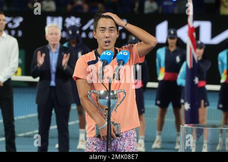 Melbourne, Australien. 28. Januar 2023. Rinky Hijikata und Jason Kubler aus Australien besiegen Hugo Nys aus Monaco und Jan Zielinski aus Polen 6-4 7-6 im Finale der Men's Doubles, Tag 13 beim Australian Open Tennis 2023 in der Rod Laver Arena, Melbourne, Australien, am 28. Januar 2023. Foto von Peter Dovgan. Nur redaktionelle Verwendung, Lizenz für kommerzielle Verwendung erforderlich. Keine Verwendung bei Wetten, Spielen oder Veröffentlichungen von Clubs/Ligen/Spielern. Kredit: UK Sports Pics Ltd/Alamy Live News Stockfoto