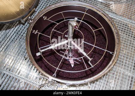 Weinbereitung roter Trauben erntet Weinkeller Stahltanks Stockfoto