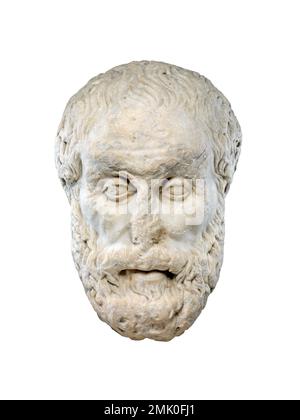 Antiker griechischer Philosophenkopf aus Marmor isoliert auf weißem Hintergrund, Vorderansicht Stockfoto
