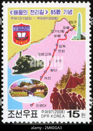 2008 Nordkorea-Stempel. 85. Jahrestag der 1000-ri-Wanderung von Kim Il Sung Stockfoto