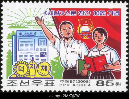 2008 Nordkorea-Stempel. 80. Jahre Veröffentlichung der Zeitung "Saenal". Stockfoto