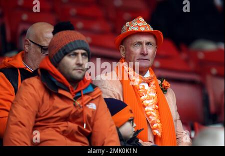 Blackpool-Fans auf der Tribüne während des vierten Spiels des Emirates FA Cup in St. Mary's Stadium, Southampton. Foto: Samstag, 28. Januar 2023. Stockfoto