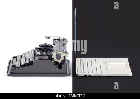 Alte Schreibmaschine und Laptop. Schwarz-Weiß, alte und moderne Technologien. 3D Abbildung Stockfoto