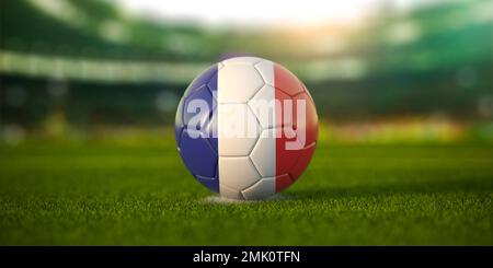 Fußballball mit französischer Flagge auf dem Spielfeld des Fußballstadions und Platz für die Namen der Fußballvereine. Fussballmeisterschaft von Frankreich Konzept. 3D i Stockfoto