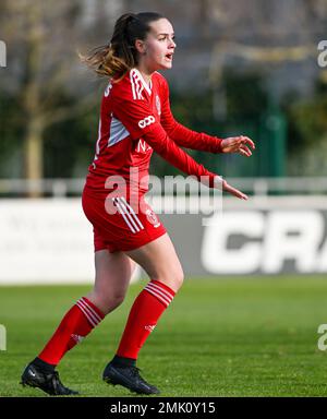 Oostakker, Belgien. 28. Januar 2023 Nadege Francois (21) von Standard, dargestellt während eines Fußballspiels zwischen AA Gent Ladies und Standard Femina De Liege am 18. Spieltag der Saison 2022 - 2023 der belgischen Lotto Womens Super League am Samstag, den 28. Januar 2023 in Oostakker , BELGIEN . FOTO SPORTPIX | David Catry Kredit: David Catry/Alamy Live News Stockfoto