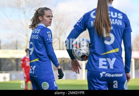 Oostakker, Belgien. 28. Januar 2023 Amber Maximus (9) von Gent, dargestellt während eines Fußballspiels zwischen AA Gent Ladies und Standard Femina De Liege am 18. Spieltag der Saison 2022 - 2023 der belgischen Lotto Womens Super League am Samstag, den 28. Januar 2023 in Oostakker , BELGIEN . FOTO SPORTPIX | David Catry Kredit: David Catry/Alamy Live News Stockfoto