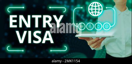 Textüberschrift für Einreisevisum. Word für die Erlaubnis, ein Land einzugeben, dessen Staatsangehörigkeit Sie nicht besitzen Stockfoto