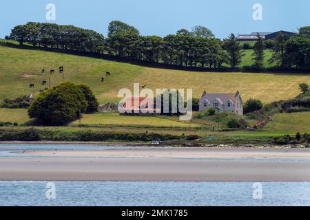 Ein Bauernhaus am grünen, hügeligen Ufer der Clonakilty Bay. Ländliche irische Landschaft. Die malerische Natur Irlands im Sommer, Haus in der Nähe von grünen Bäumen und Stockfoto