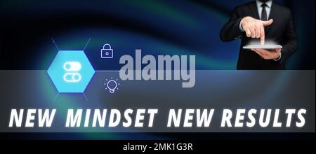 Handschriftlicher Text Neue Einstellung Neue Ergebnisse. Business Showcase offen für Chancen Keine Grenzen Denken Sie größer Stockfoto