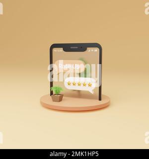 Abbildung mit Bewertung 3D mit Martphone auf goldenem Hintergrund Stockfoto