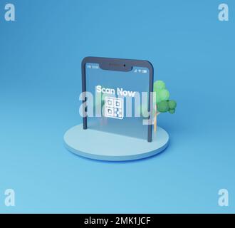 3D-Rendering-qr-Code-Scan mit Martphone-Bildschirm auf dem Podium Stockfoto