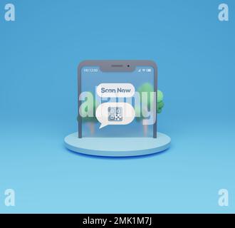 3D-Rendering-qr-Code-Scan mit Martphone-Bildschirm auf dem Podium Stockfoto