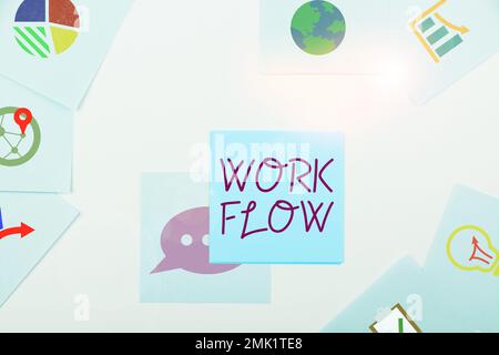 Workflow für konzeptionelle Beschriftung. Wort für Kontinuität einer bestimmten Aufgabe von und zu einem Büro oder Arbeitgeber Stockfoto