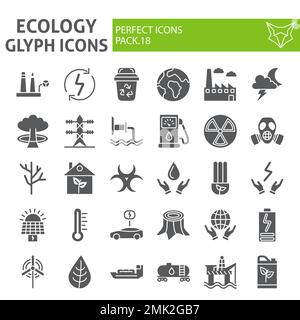 Symbolsatz für ökologische Glyphe, Sammlung von Öko-Symbolen, Vektorskizzen, Logo-Illustrationen, Piktogramme für Energiezeichen, isoliert auf weißem Hintergrund, eps 10. Stock Vektor