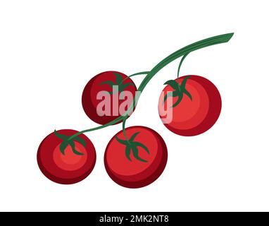 Ikone für Kirschtomaten-Gemüse. Ein Haufen Kirschtomaten auf dem Stiel mit Blättern. Vegetarisches Bauernprodukt. Design für Lebensmittel, kulinarische Produkte, Gewürze Stockfoto