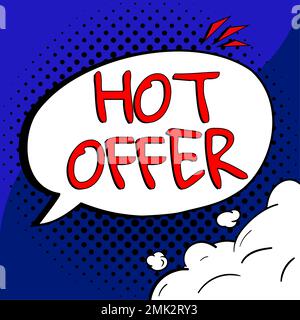 Inspiration mit dem Schild „Hot Offer“. Wort auf Produkt oder Programm geschrieben, das zu reduzierten Preisen oder Tarifen angeboten wird Stockfoto