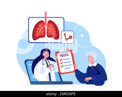 Online Pulmonologe Virologe Arzt Beratung alte Rentnerin Patient auf Laptop. Internet-Diagnose Lungen, Luftröhre, Bronchien, COVID, Pneumonie.Inter Stockfoto