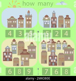 Zählen Sie, wie viele Häuser auf dem Remus-Bild sind Stock Vektor