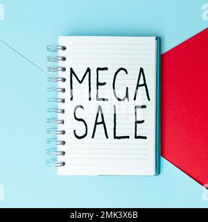 Text für Mega Sale wird angezeigt. Ein Wort für den Tag voller besonderer Einkaufsangebote und großer Rabatte Stockfoto