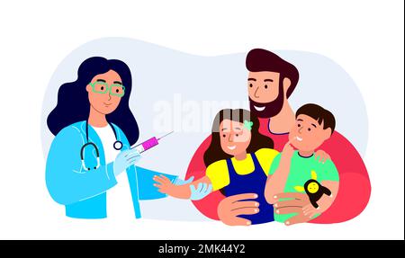 Krankenschwester Kinderarzt Vaccinate Children.COVID Pandemie Impfkonzept Illustration für Immunität Gesundheit.Vater mit Kindern im Krankenhaus.D Stockfoto