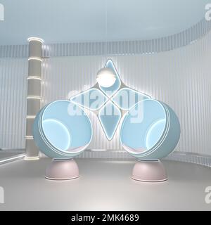3D-Darstellung eines modernen Sci-Fi-Wohnzimmers auf einem Raumschiff Stockfoto