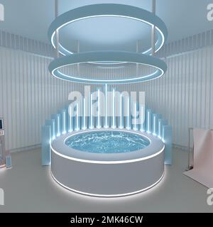 3D-Darstellung eines modernen Sci-Fi-Wohnzimmers auf einem Raumschiff Stockfoto