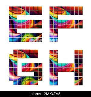 3D-Wiedergabe des Alphabets der bunten Mosaikschriftart - Buchstaben E-H. Stockfoto