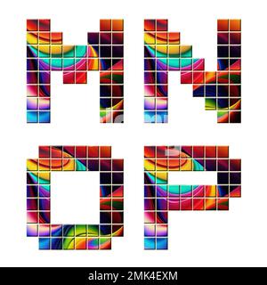 3D-Wiedergabe des Alphabets der bunten Mosaikschriftart – Buchstaben M-P Stockfoto