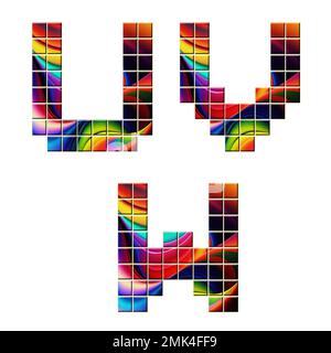 3D-Wiedergabe des Alphabets der bunten Mosaikschriftart - Buchstaben U-W Stockfoto