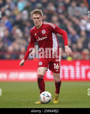 Harvey Rodgers von Accrington Stanley beim Emirates FA Cup-Spiel in der vierten Runde im Wham Stadium, Accrington. Foto: Samstag, 28. Januar 2023. Stockfoto