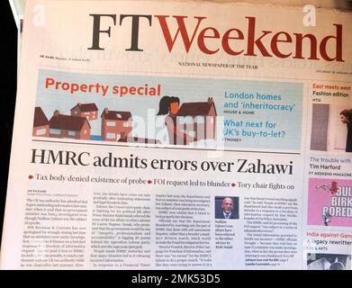 „HMRC gibt Fehler in Bezug auf Zahawi zu“ Financial Times FT Weekend Zeitung Schlagzeile Titelseite Steuer Artikel 28 Januar 2023 London England Großbritannien Stockfoto