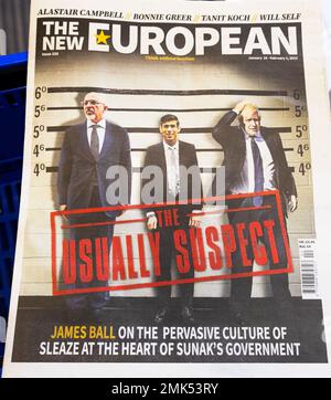 Titelseite der neuen europäischen Zeitung „üblicher Verdächtiger“ Nadim Zahawi, Rishi Sunak, Boris Johnson Regierung schäbig Artikel Januar 2023 London UK Stockfoto