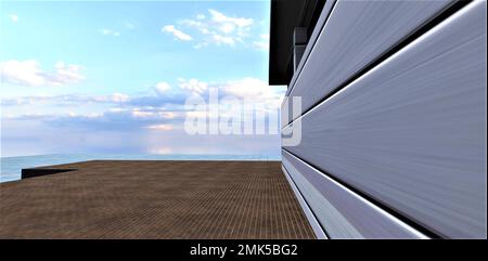 Abstrakte Wand mit horizontalen Aluminiumpaneelen. Braune Ziegelfliesen als Pflaster. Erstaunliche Wolken am Himmel. 3D-Rendering. Stockfoto