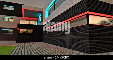 Stilvolles Eckfenster, rot beleuchtet. Schwarze Backsteinmauer. Sieht gut aus in der Sternennacht. Graue Steinpflaster. 3D-Rendering. Stockfoto