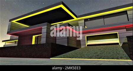 Eingang zur Garage mit Metallschieber. Rote und gelbe LED-Streifen an der Fassade des gehobenen Familienhauses bei Nacht vor dem Sternenhimmel. 3D ren Stockfoto